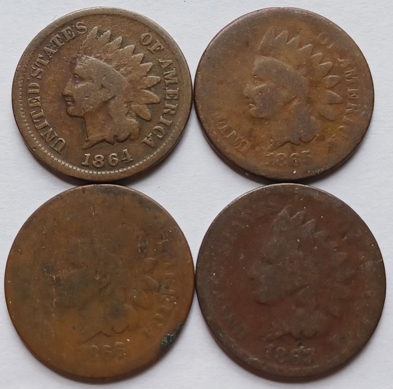 1864, 1865, 1866, 1867 Indian Head Cents AG to VG/F Details, Four 1C Pennies