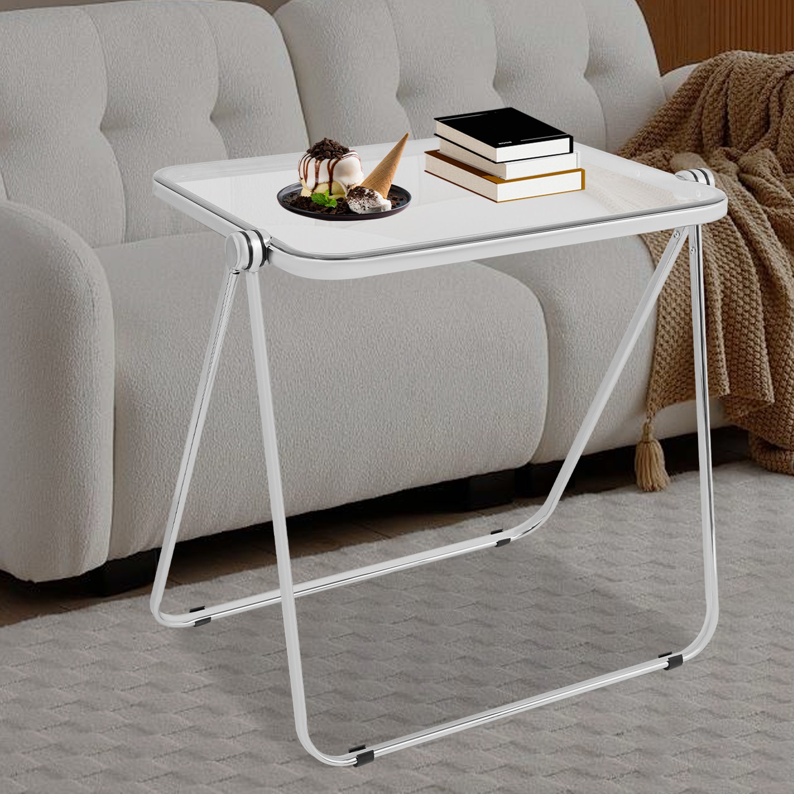 Silver& Clear Foldable Side Table Tiny Computer Desk for Home Office Indoor