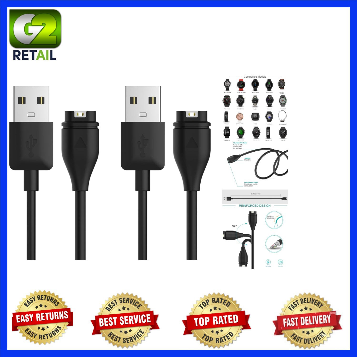 Compact 1M USB Charging Cable for Garmin Smartwatches - 2-Pack for Convenience
