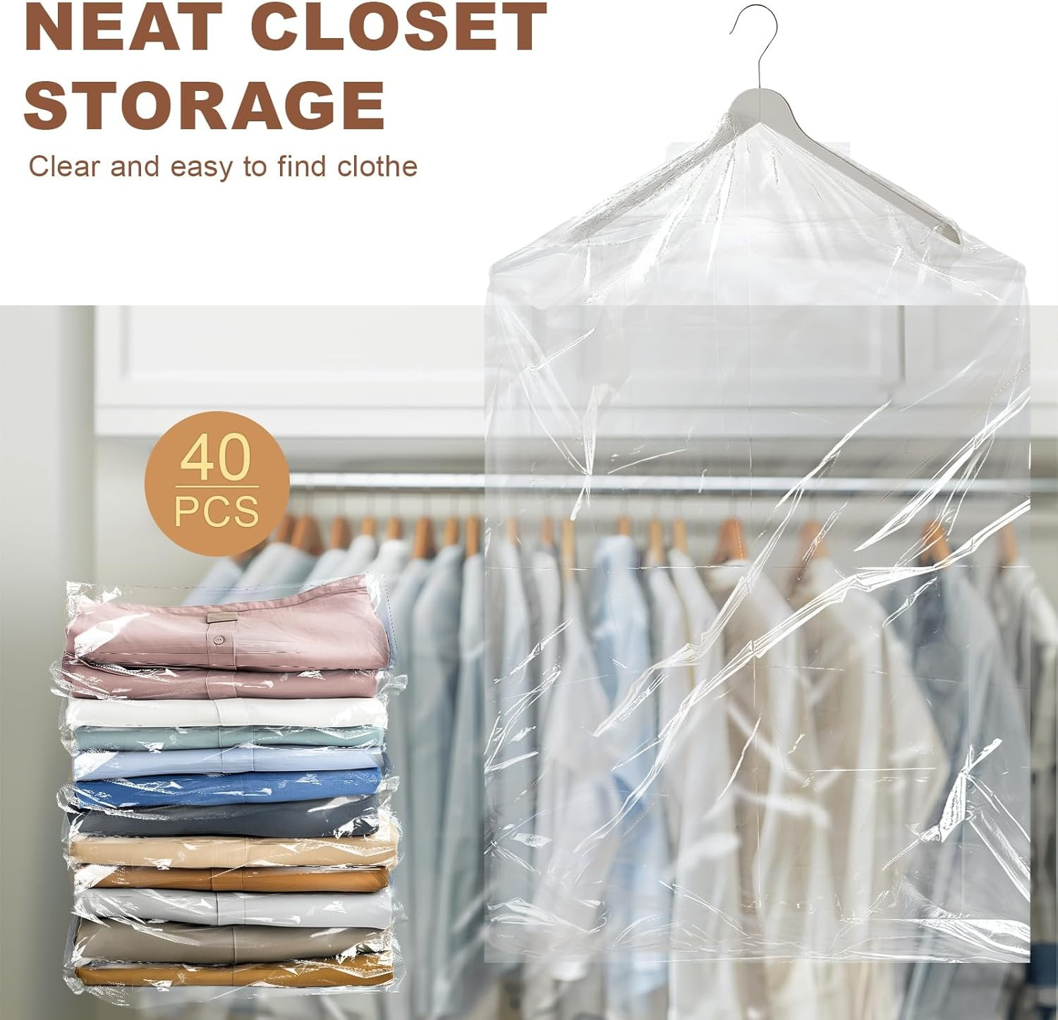 40 Pack Garment Bags - Set of 40, 60X90Cm Plastic Dry Cleaning Bags for Hangi...