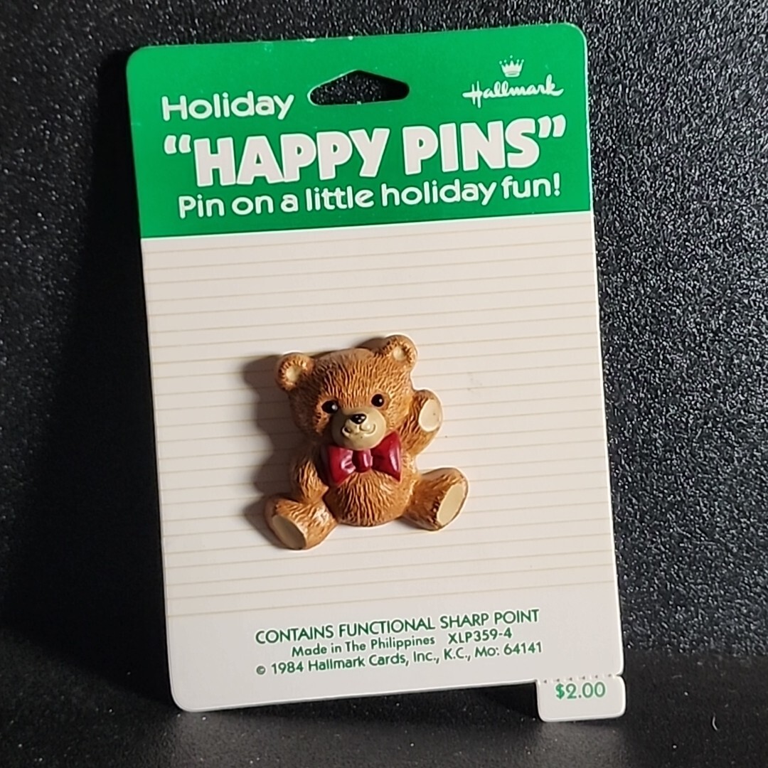 Hallmark Teddy Bear Christmas Holiday Happy Pin 1984 On Card