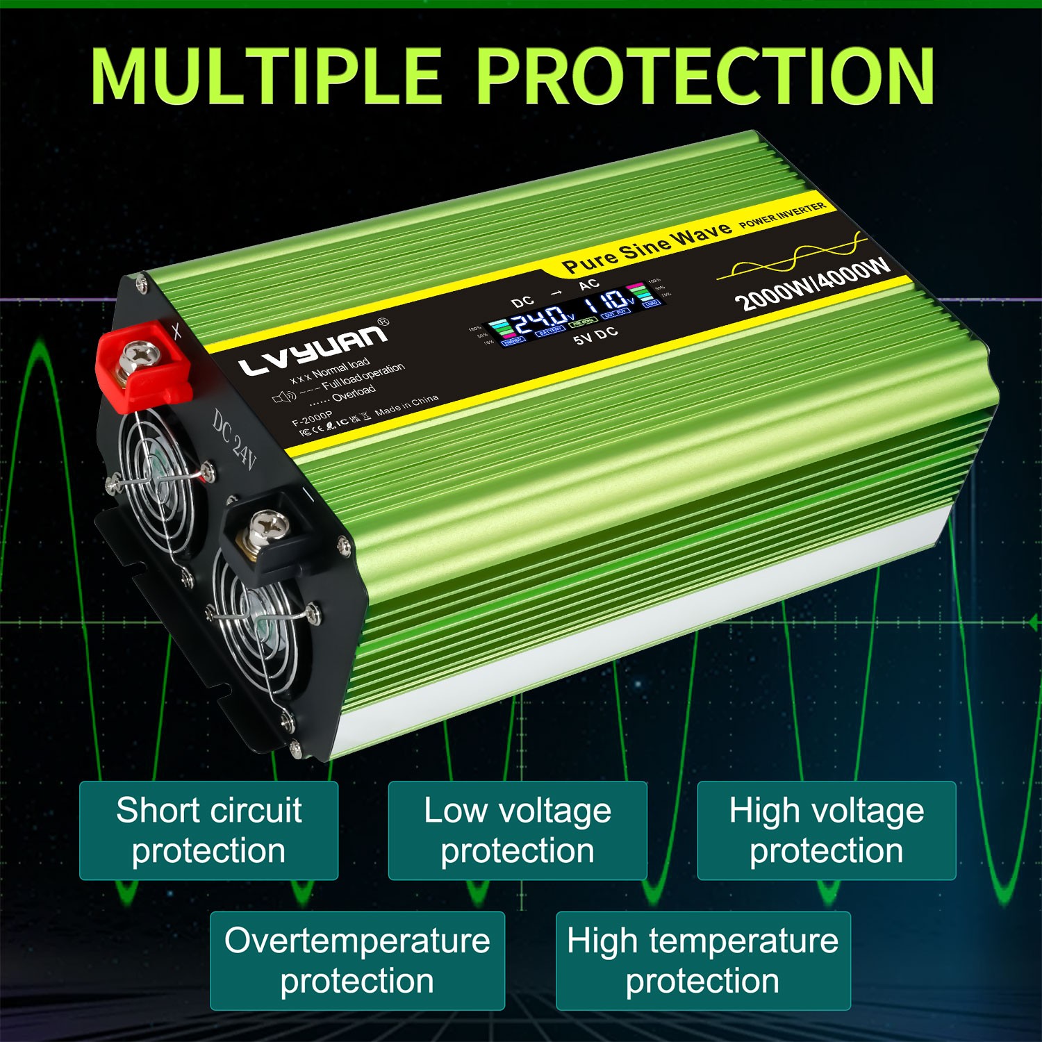 2000W 4000W Pure sine Wave Power Inverter Converter 24V to 110V w/4AC 4USB LCD