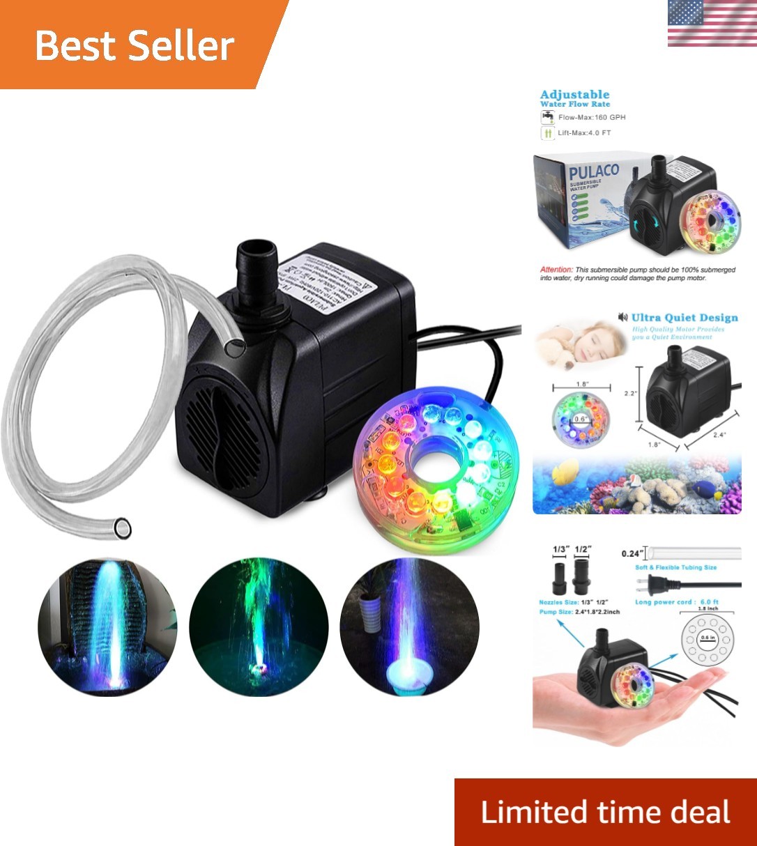 160GPH Small Fountain Pump, 10Watt Submersible Pump with Automatic Color Changin
