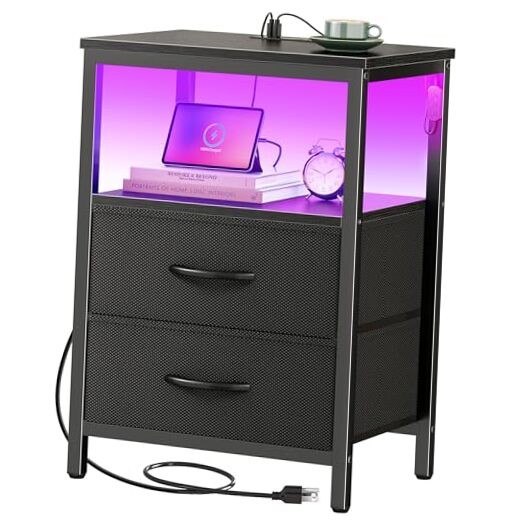 Night Stand with Charger Station and 11.8"D x 15.7"W x 23.6"H（2 Drawers） Black