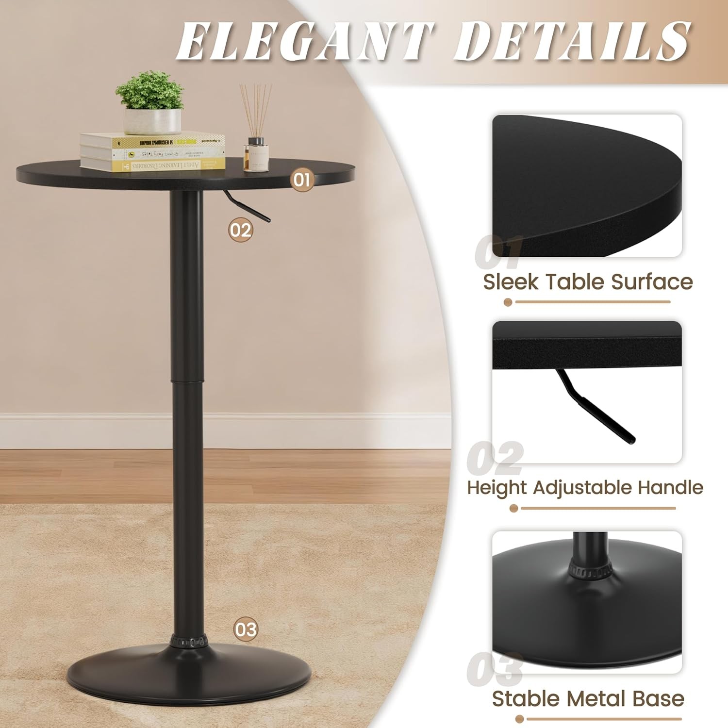 Round Bar Table Adjustable Height & 360° Swivel Pub Table Cooktail Table for Bar