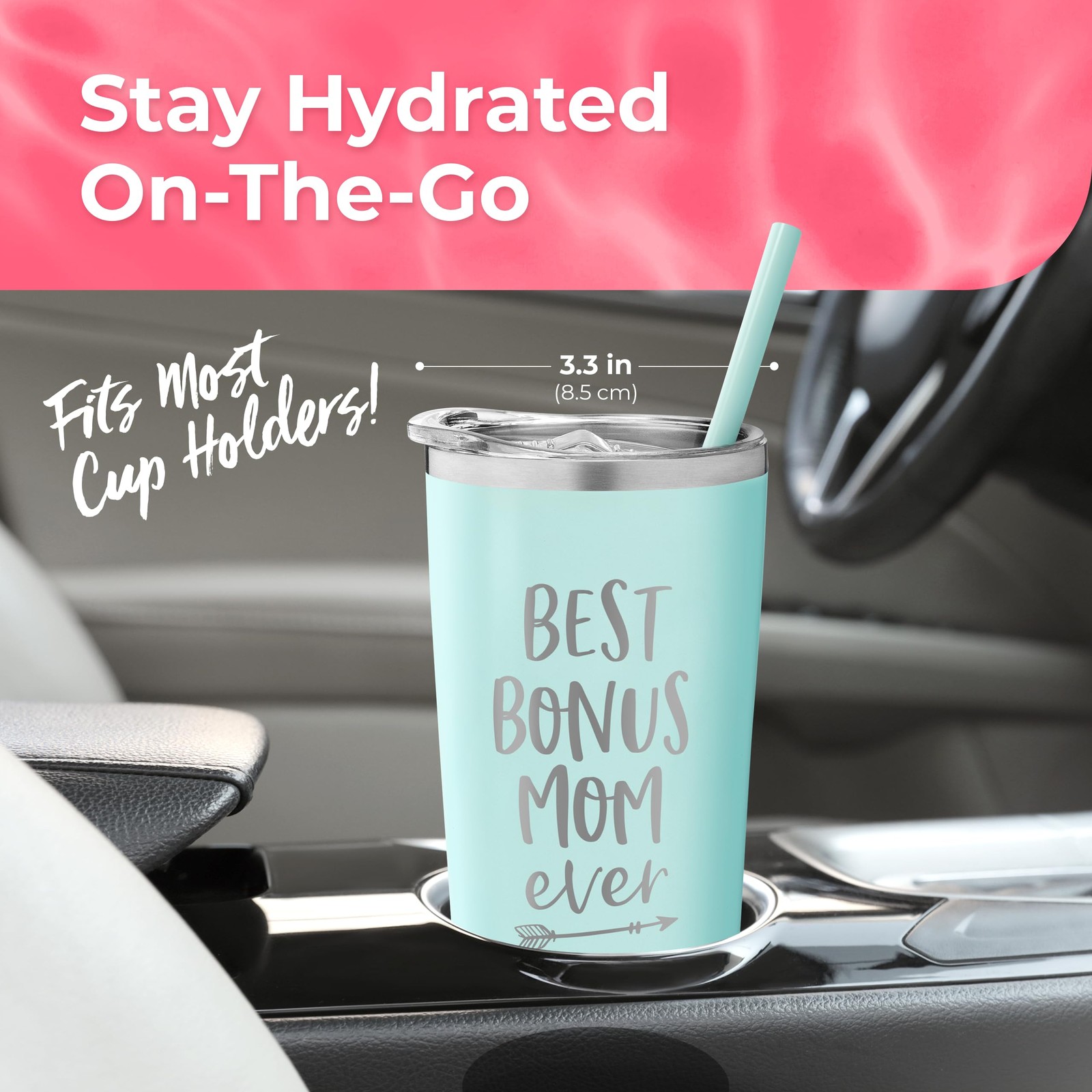 Best Bonus Mom Ever Tumbler 22 Ounce Engraved Mint Stainless Steel Gift Boxed