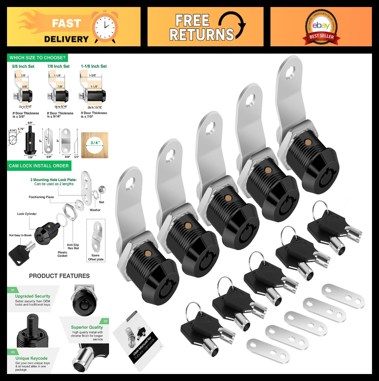 5 Pack Keyed Alike Tool Box Locks with Keys, 5/8" Cam Locks for RV & Cabinets