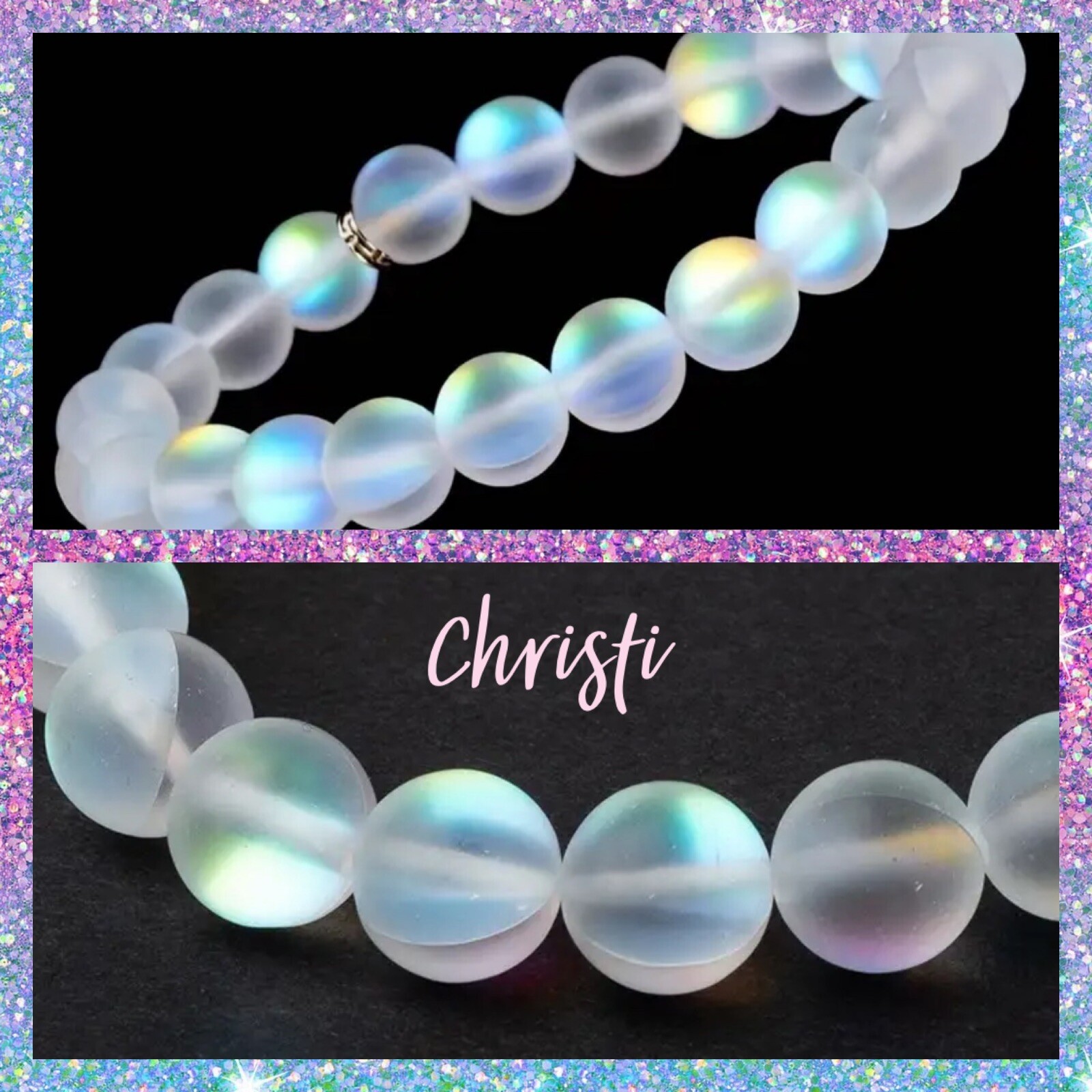 Mermaid Glass Crystal Moonstone Beaded Stret.Bracelet , Moonlight White Color BN