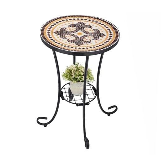 Outdoor Side Table Mosaic Patio Table Accent Tables Mosaic Tile Top Metal Tan
