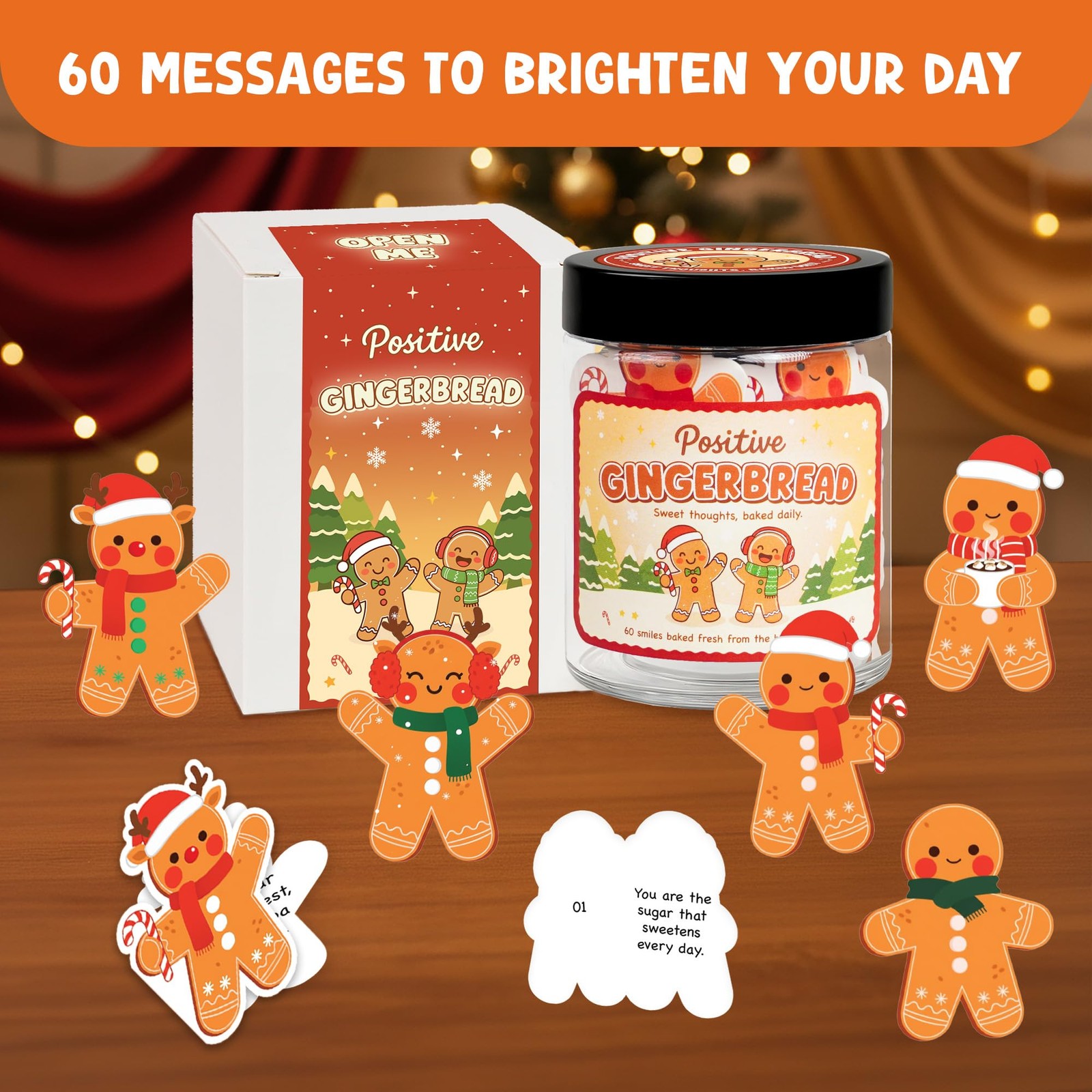 Positive Gingerbread Jar with 60 Affirmation Card, Christmas