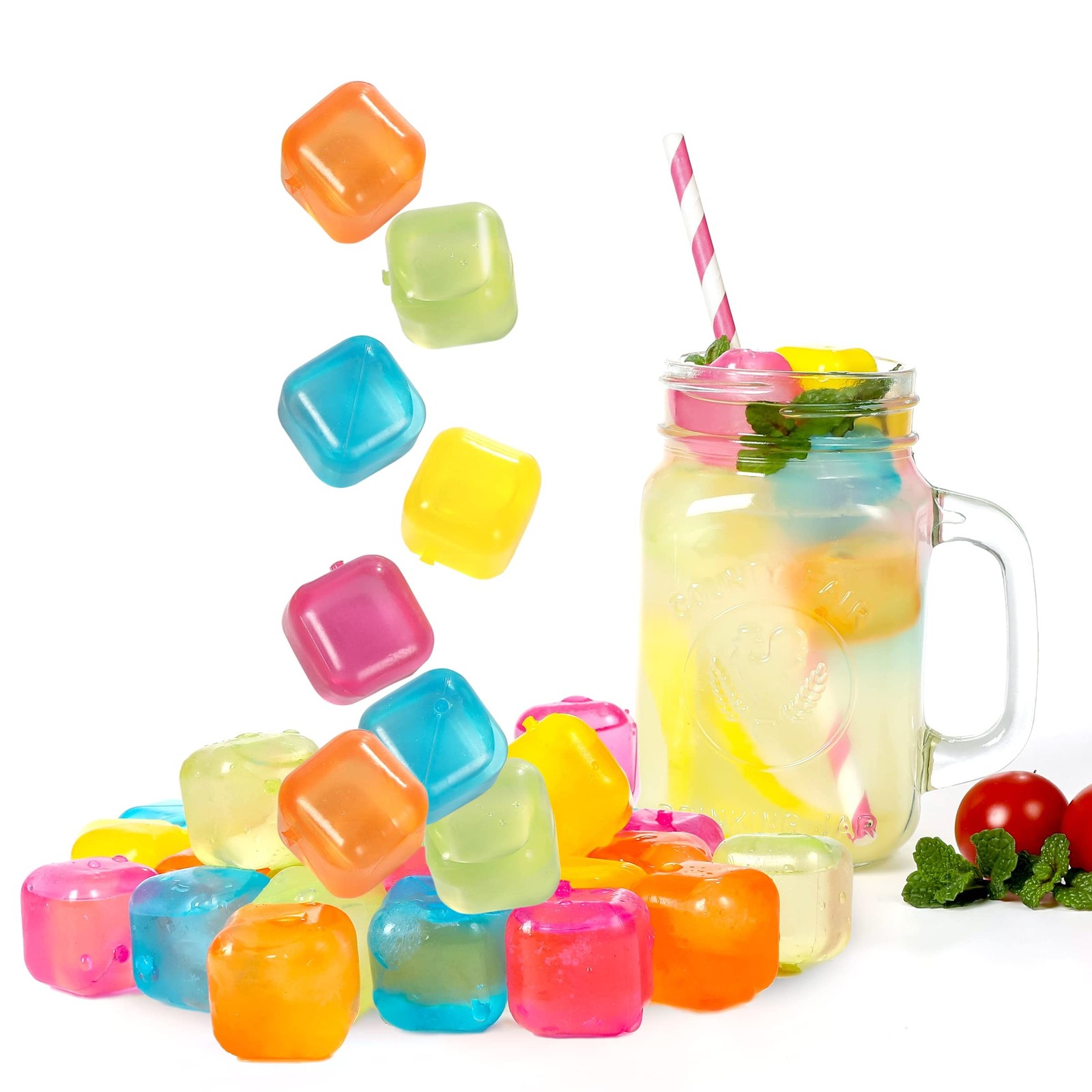 Reusable Ice Cube Plastic Ice Cubes 25 Pack Colorful Refreezable IceCubes for...