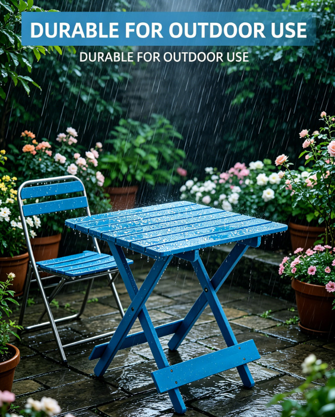 Folding Solid Wood Patio Table Portable Outdoor Square Table Blue Balcony Yard