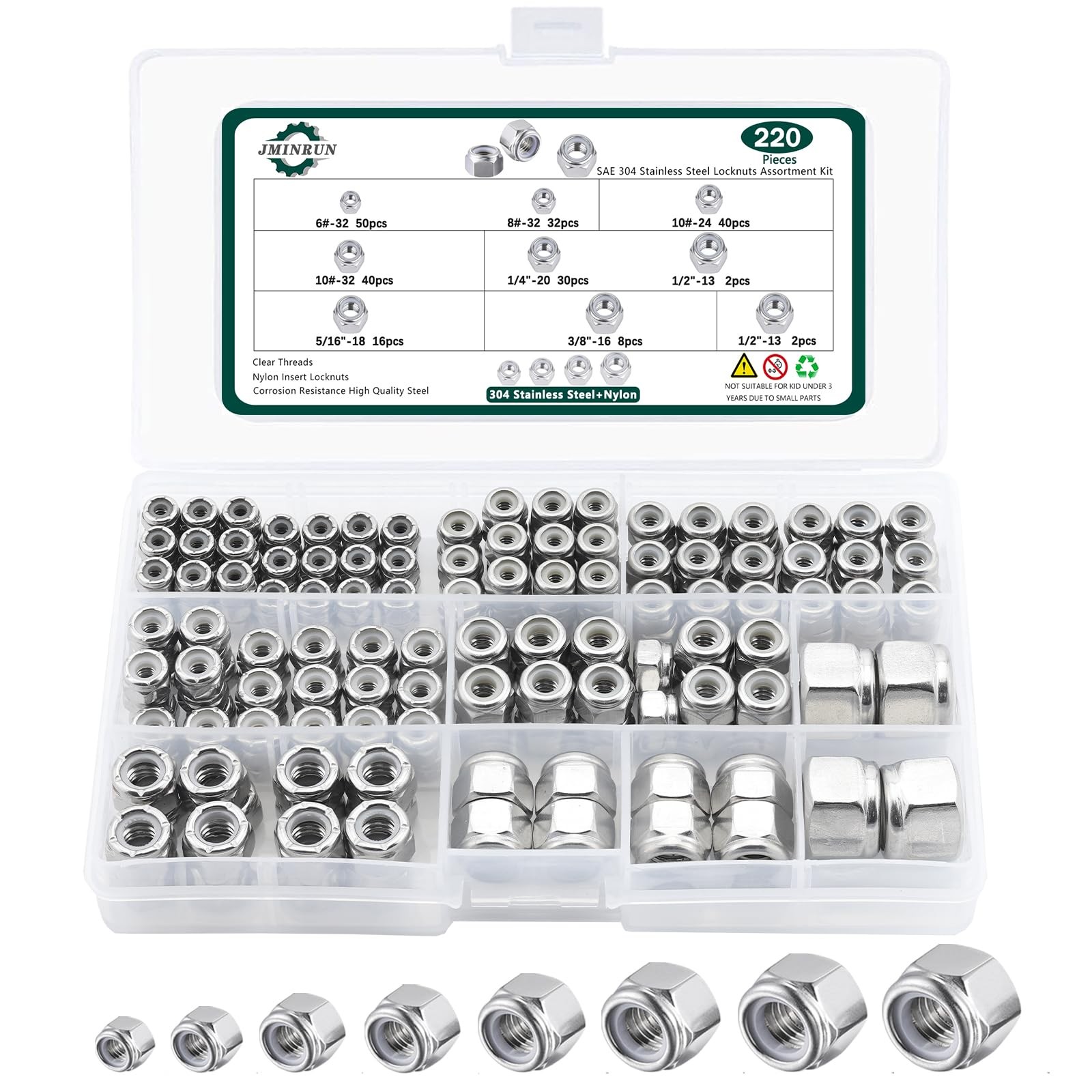 SAE Lock Nuts Assortment Kit, 220PCS Nylon Insert Nut Sets, 304 Stainless Ste...