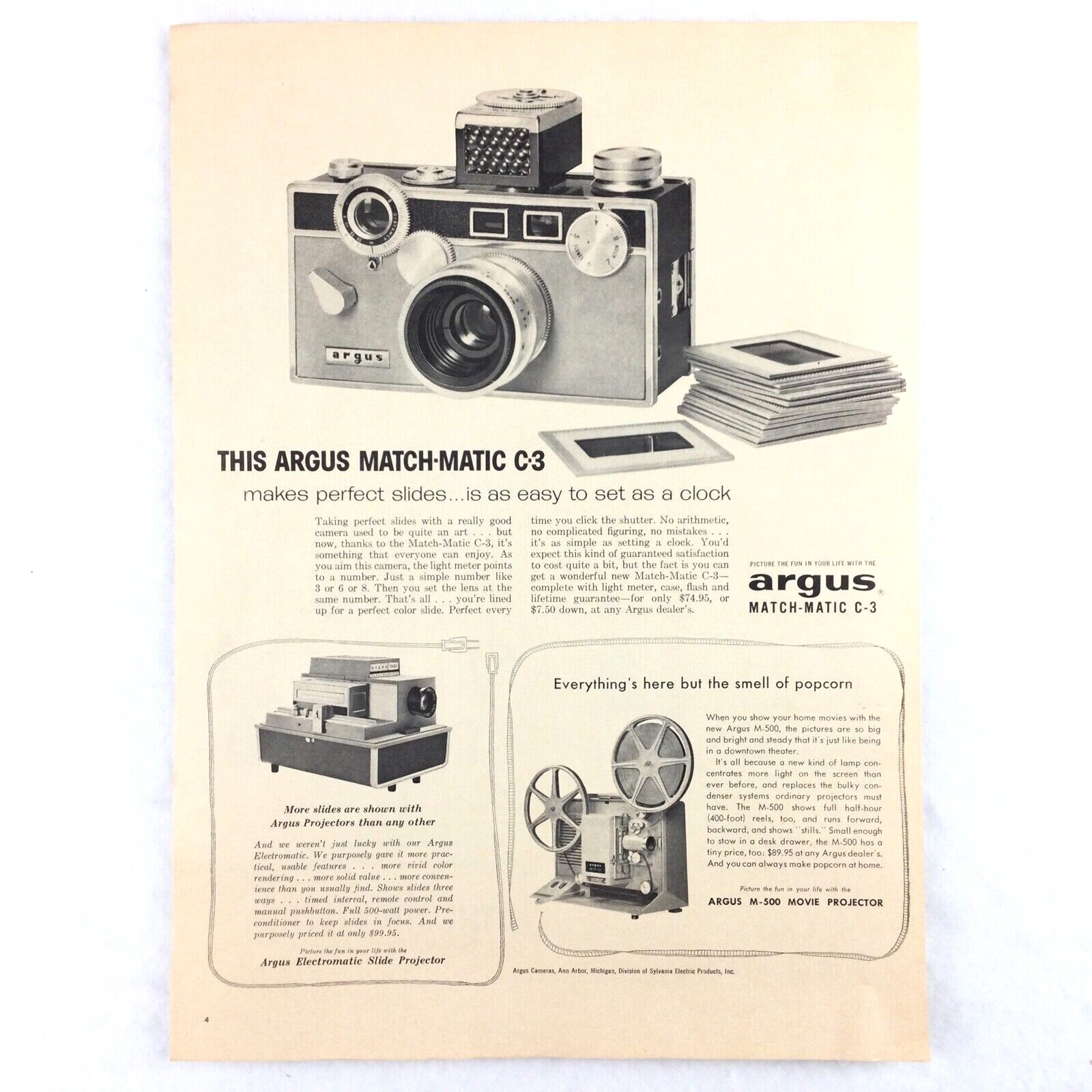 1959 ARGUS MATCH-MATIC Camera Projector Vintage Print Ad Slides Movie M-500