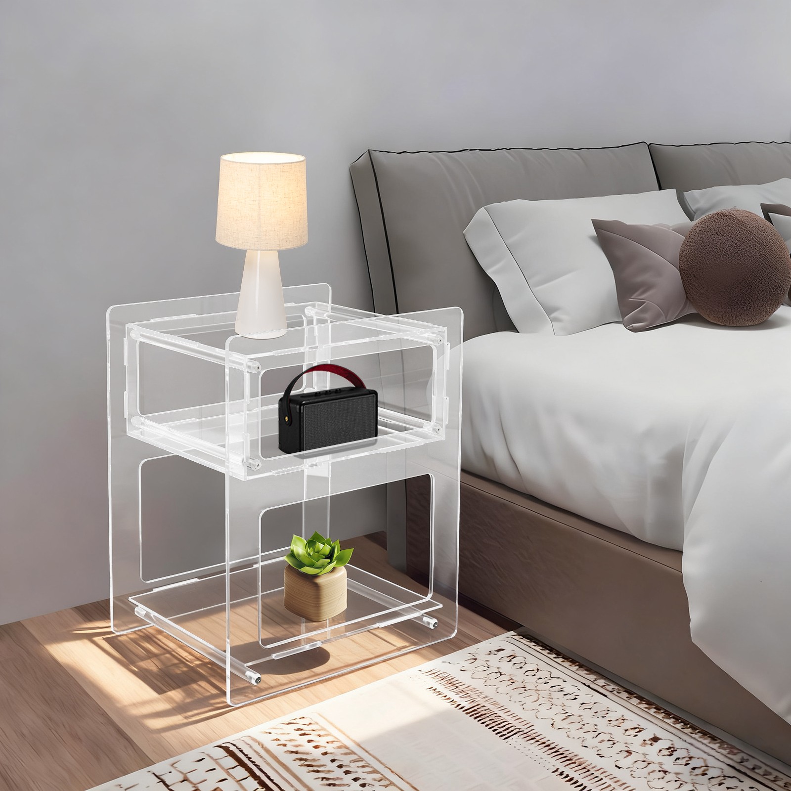 Free Standing Acrylic Side Table Acrylic Nightstand Rectangle Storage Shelf