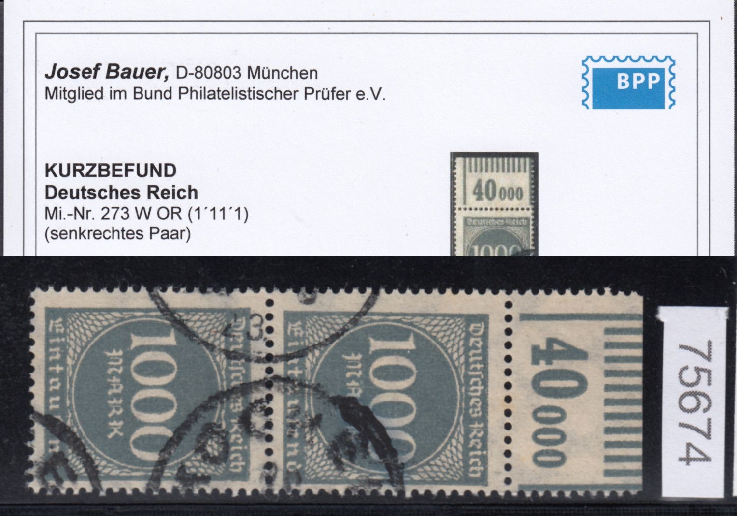 DR 1923, Mich. No.: 273 stamped upper margin tested findings