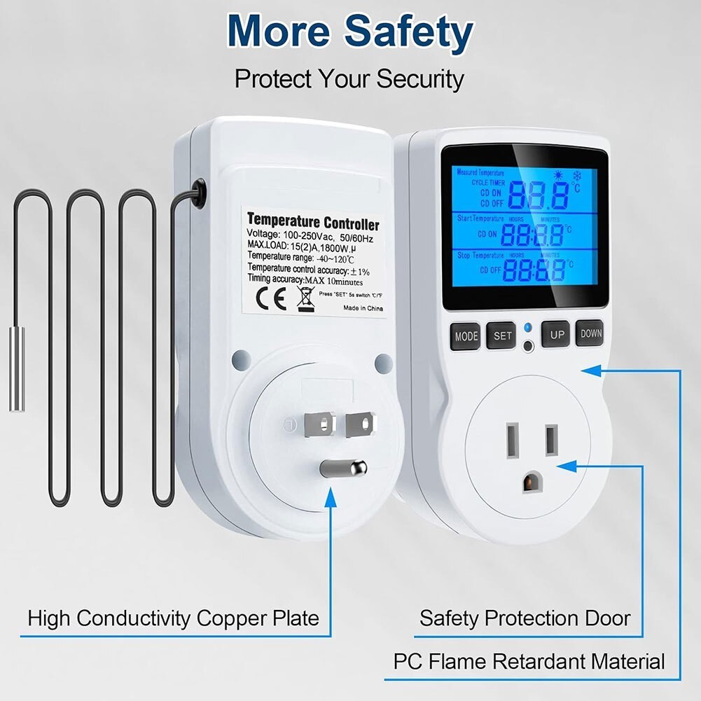 Digital Thermostat Outlet Plug Temperature Controller Heating Cooling with Probe