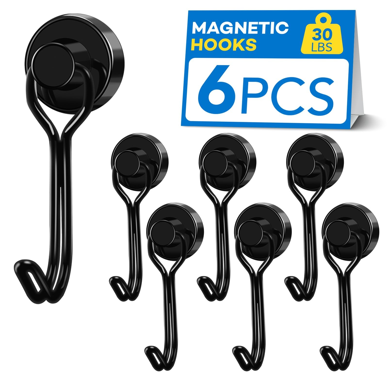 LOVIMAG Swivel Magnetic Hooks, 30LBS, Pack of 6 0.63in, Black