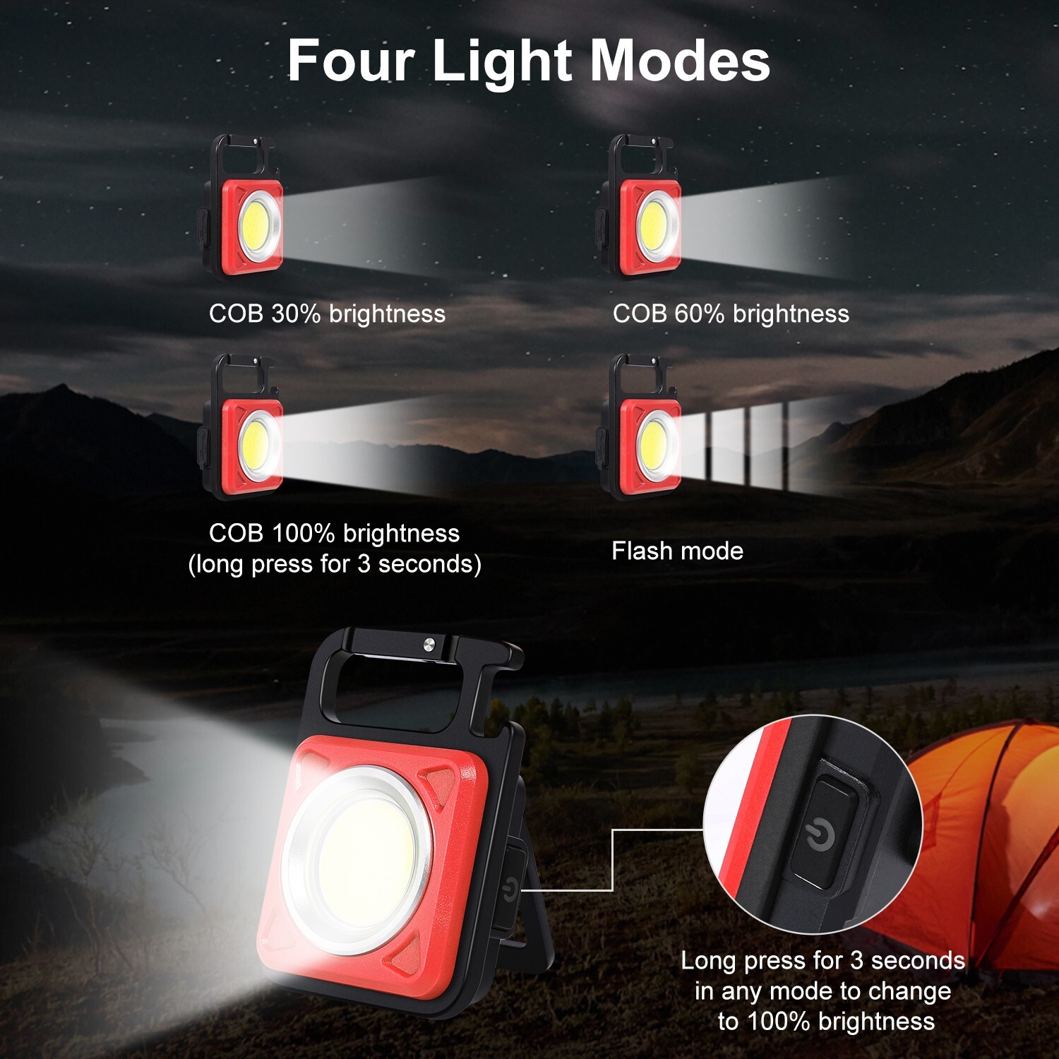 2Pcs Portable Mini COB Work Light Rechargeable Flashlight Keychain 1000 Lumens