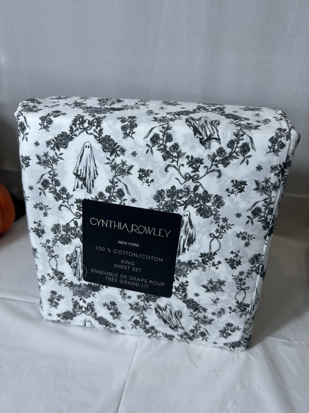 Cynthia Rowley Halloween 2026 Black Ghost Floral 4Pc Cotton KING Sheet Set NEW