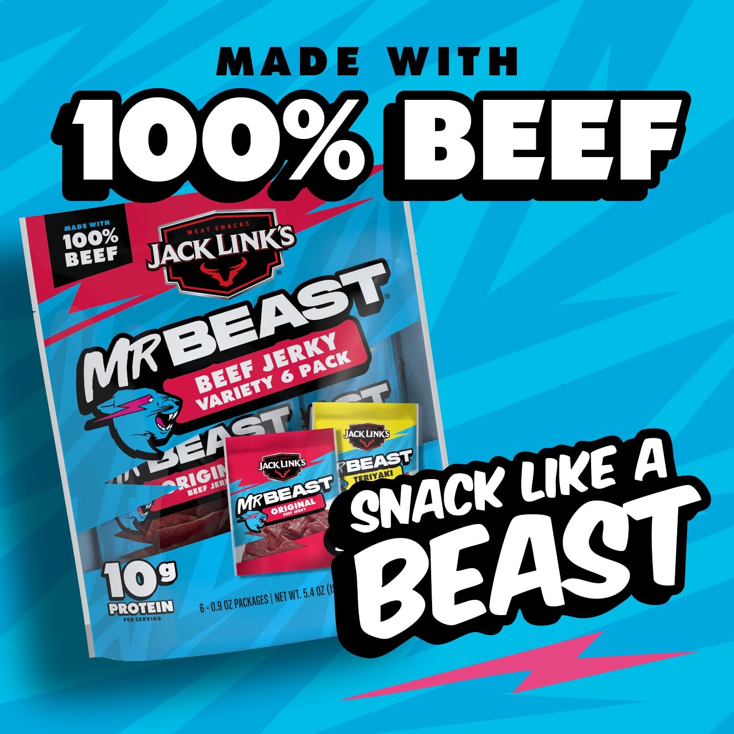 x MrBeast Beef Jerky, Original & Teriyaki Beef Jerky Variety Pack - (6 Pack) ...
