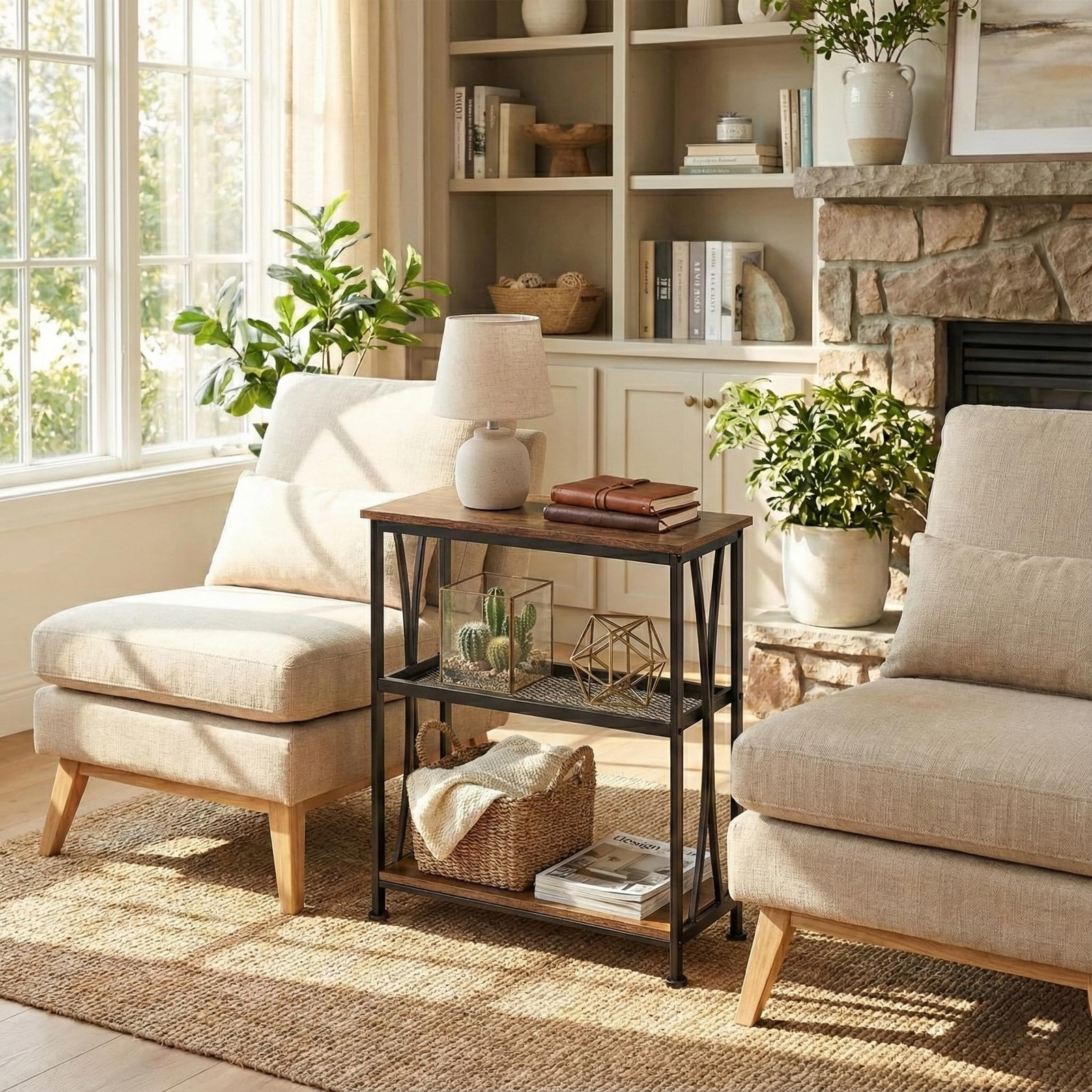 Narrow End Table,20" Long Side Table with 3 Tier Storage Shelves, Small Hallw...