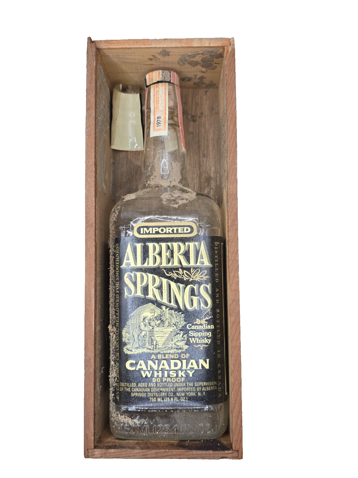 Vintage 70's Alberta Springs Canadian Whisky Empty Bottle-Wood Box Sliding Cover