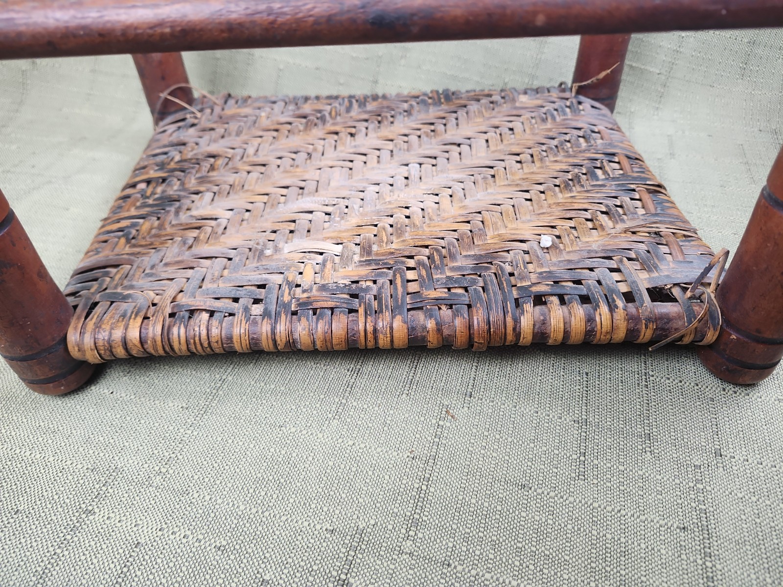 Vintage Rustic Farmhouse Stool w/Woven Seat in Herringbone Pattern, Wood Base