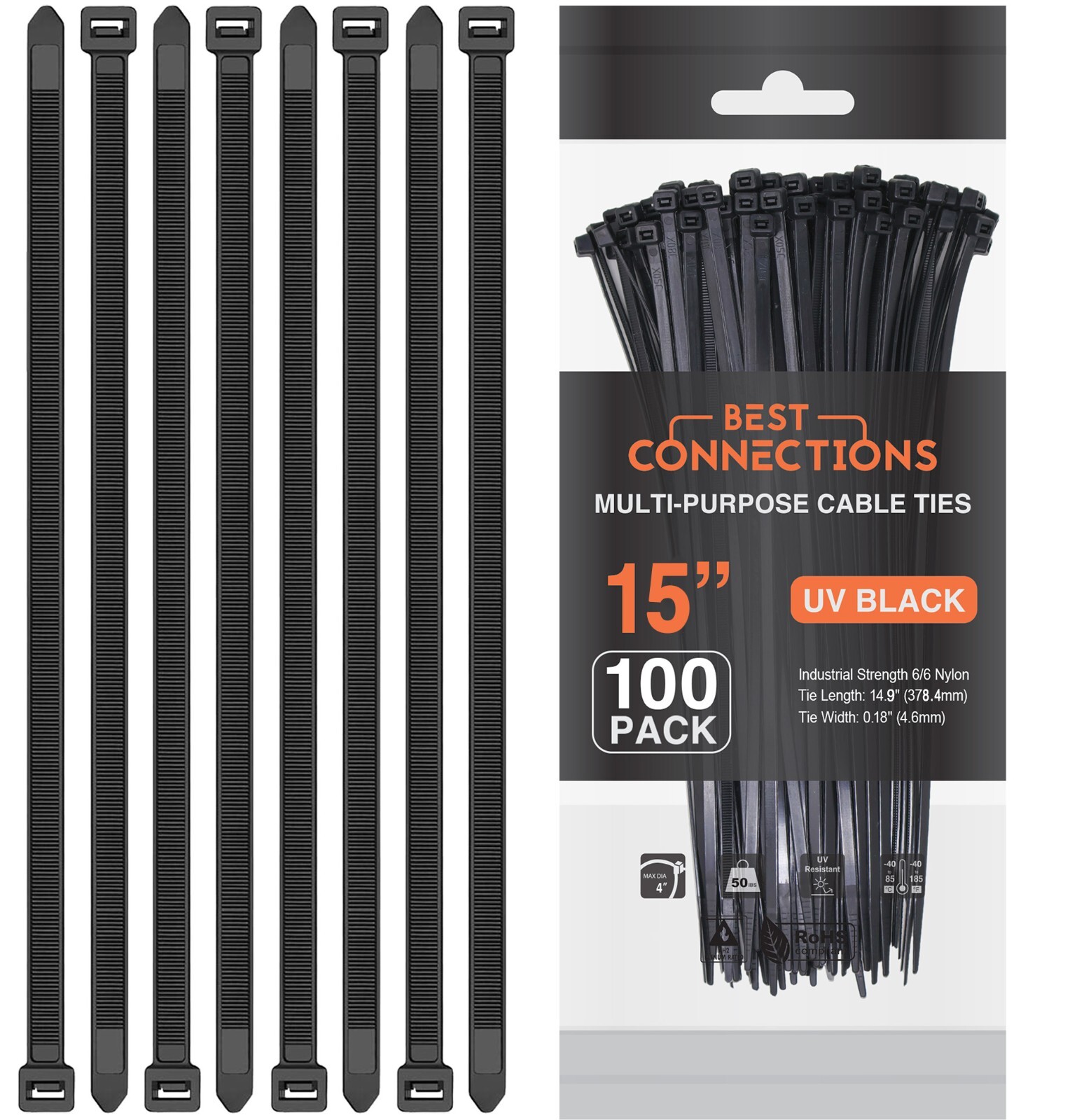 100 Pieces 15" Black Nylon Cable Straps Zip Ties Wire 50 Lbs Tensile Strength