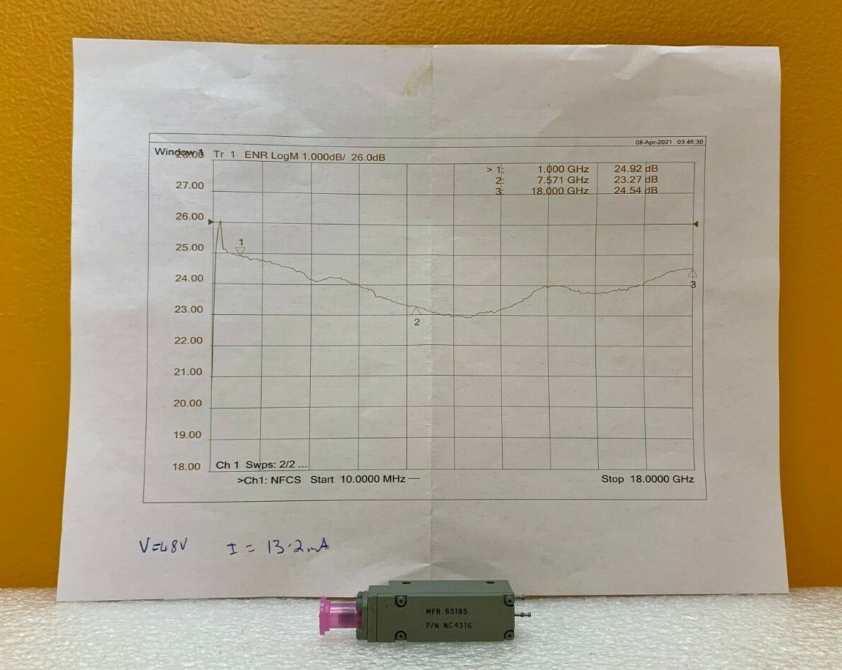 NoiseCom NC4316 10 MHz to 18 GHz  24 dB ENR 48 VDC  SMA (F)  Noise Source.  New!