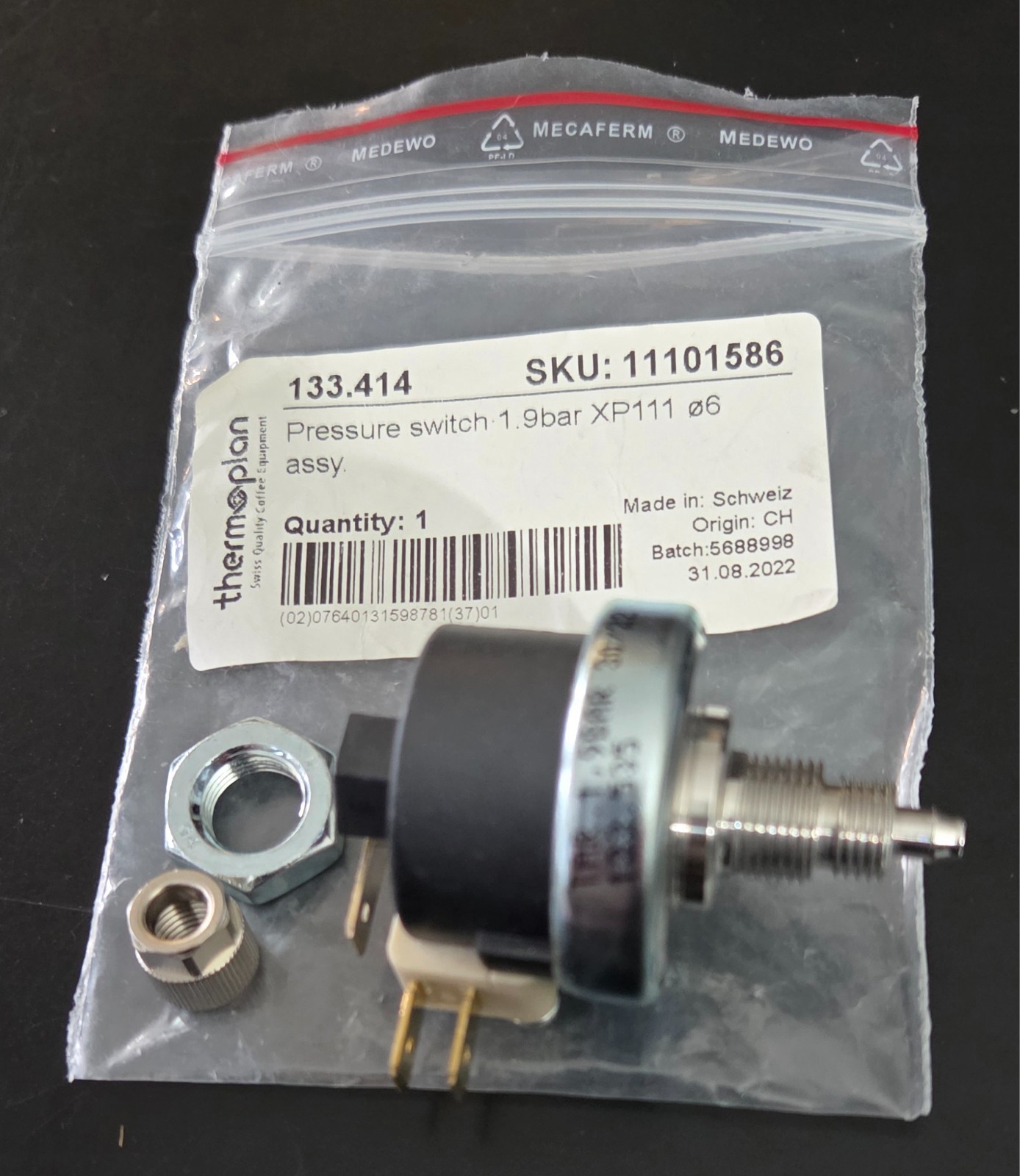 Thermoplan 133.414 Boiler Pressure Switch 1.9Bar XP111 ø6 Assy OEM 41500.1418