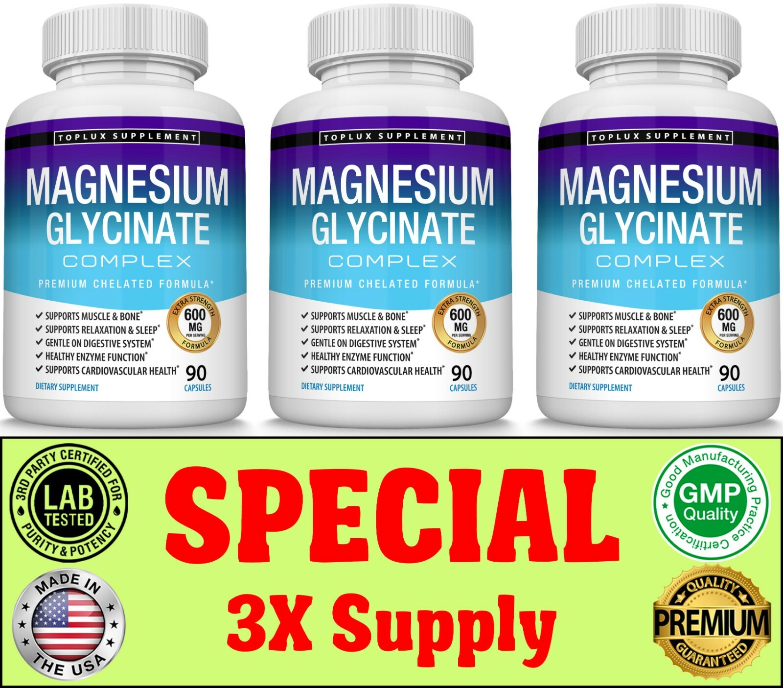 Magnesium Glycinate 525 MG Complex High Absorption Mag Supplement Magnesium 3 Mo