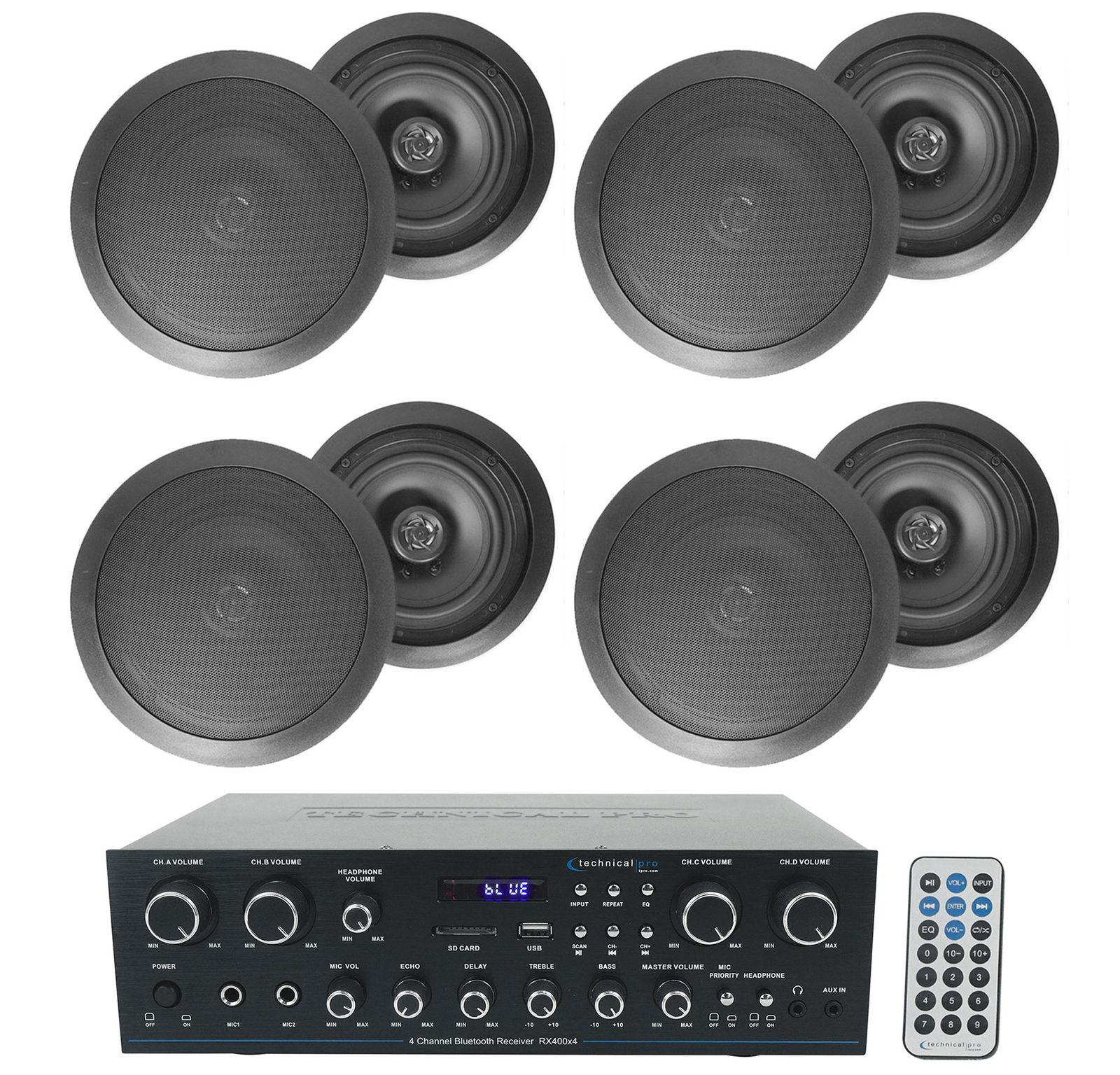 Technical Pro RX4CH Bluetooth Home Receiver Amp+(8) 6.5" Black Ceiling Speakers
