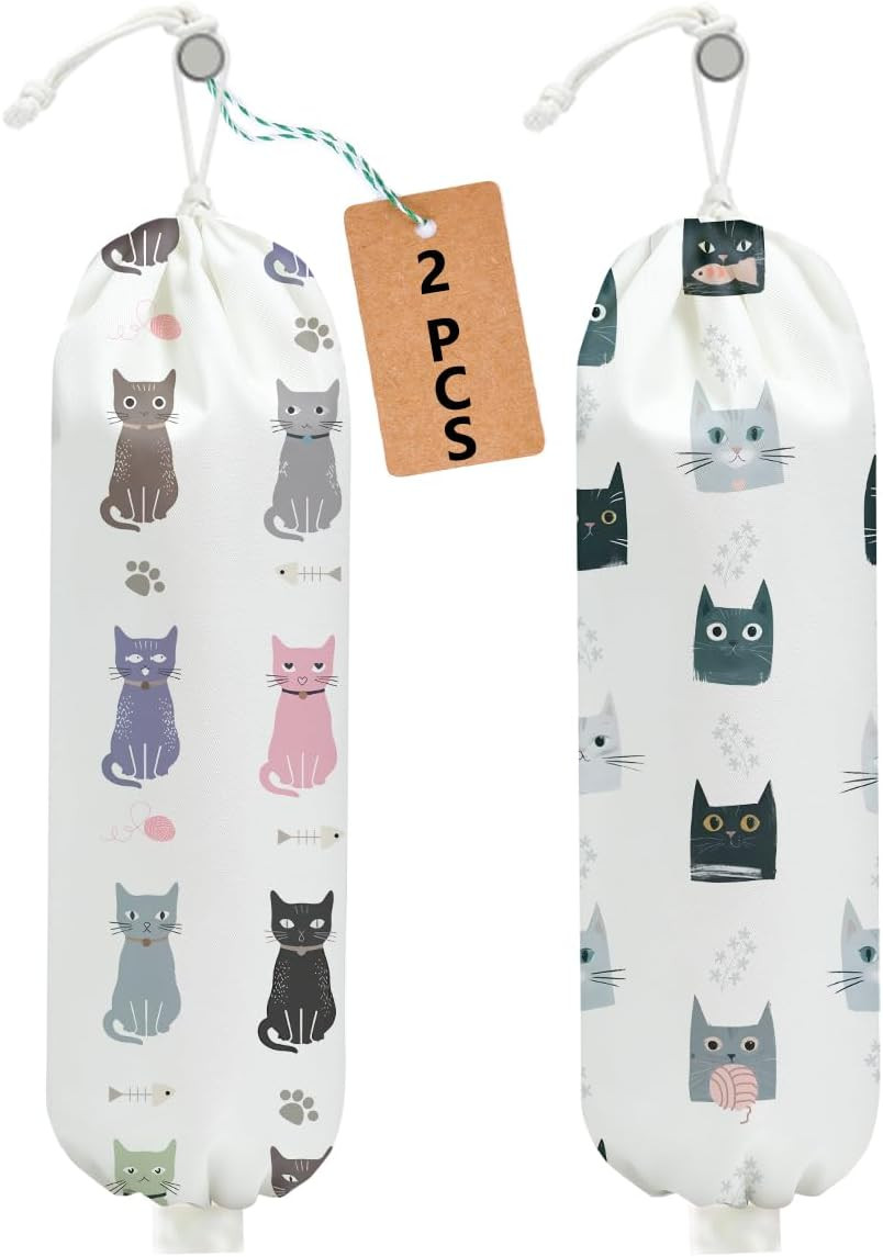 2 Pcs Cat Plastic Bag Holder, Wall Mount Grocery Bag Holder for Plastic Bags, La