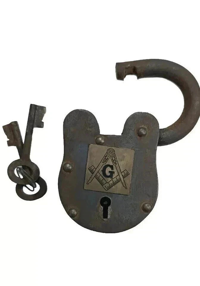 Antique 5" Iron Padlock Antique Working Lock with 2 Keys Collectible Lock