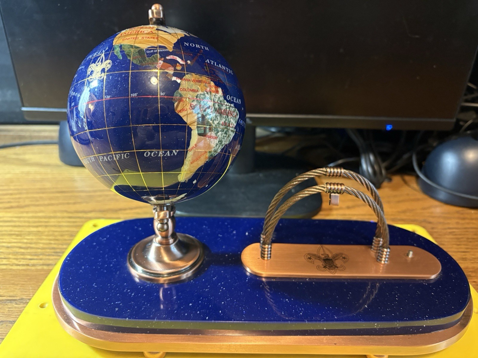 Gemstone Globe Desk Set Stone Globe and Business Card/Envelope Holder Used Rare