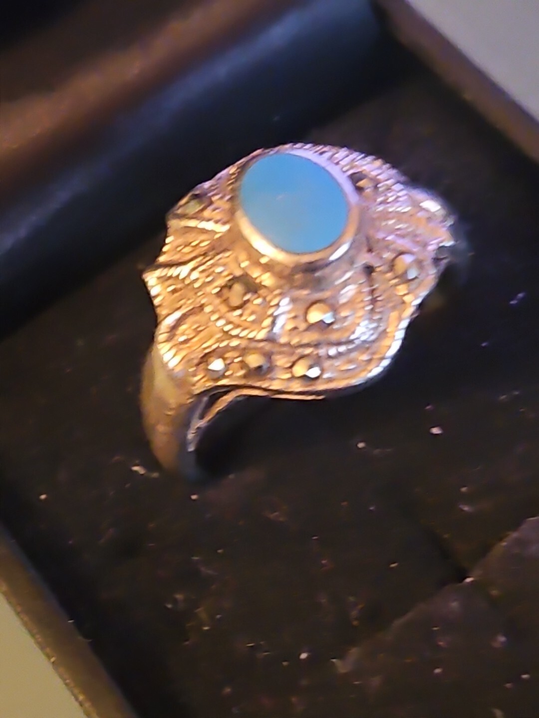 Silver Marcasite Blue Ring Size 8.25