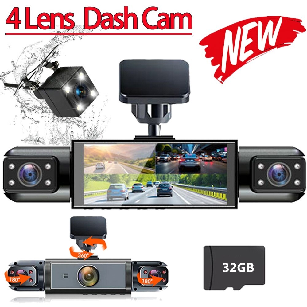 FHD 1080P Car Dash Cam 4 Channel 360° Front Rear Inside DashCam Camera 32GB Card