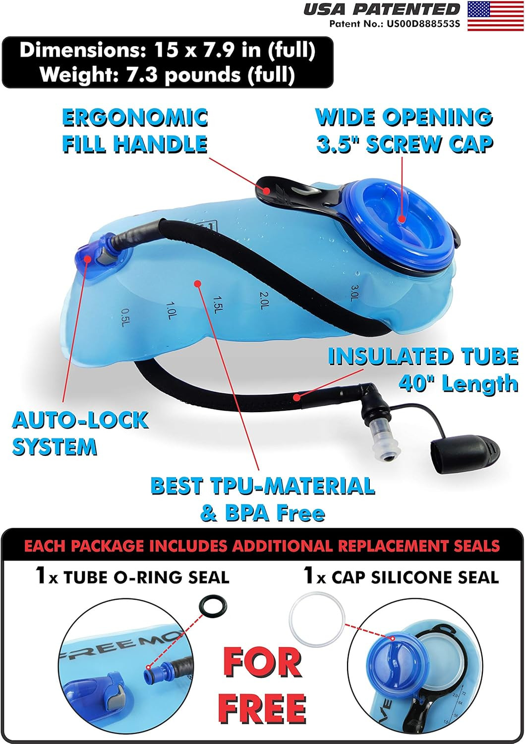 Hydration Bladder 3L Water Bladder for Hiking Backpack Blue or Gr