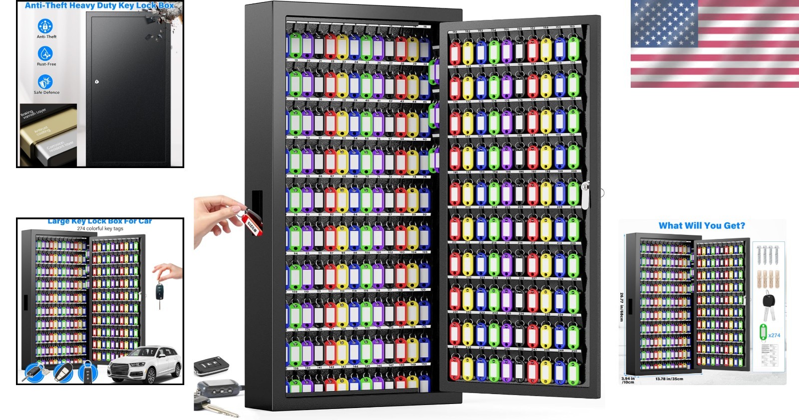 Key Lock Box Wall Mount with 250 Key Capacity Side Hooks and Key Tags