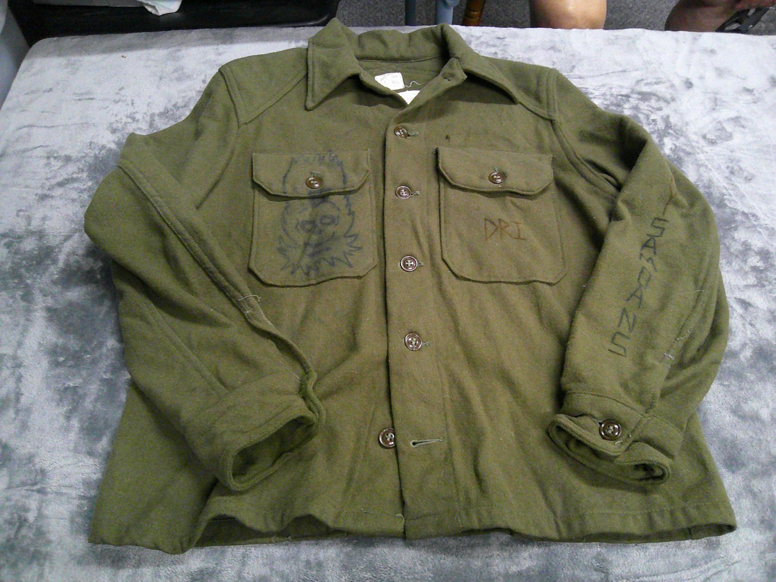 Vintage US Military Wool Nylon Field Shirt Olive Green 108 Mens MED see cond