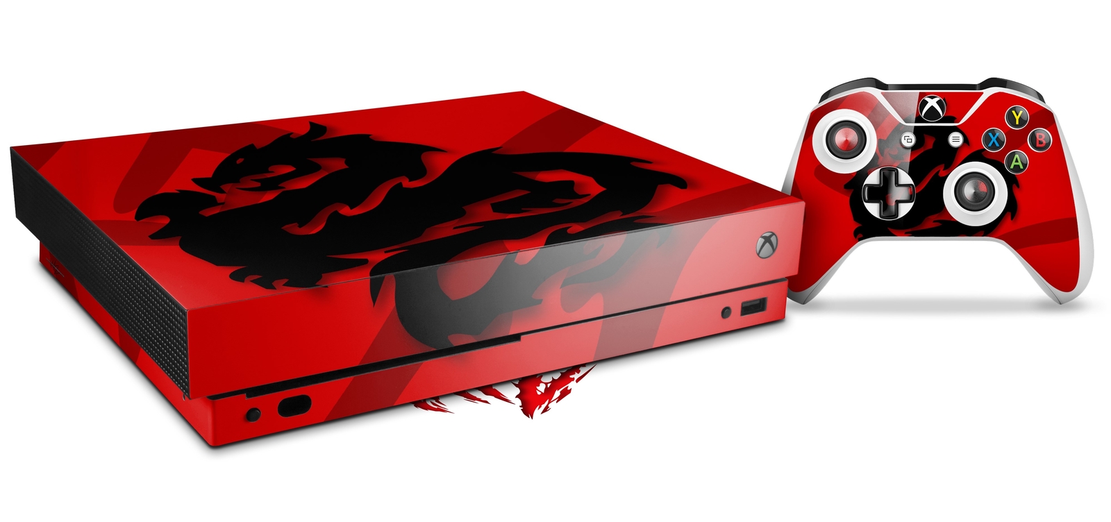 Skin Set for XBOX One X Oriental Dragon Black on Red
