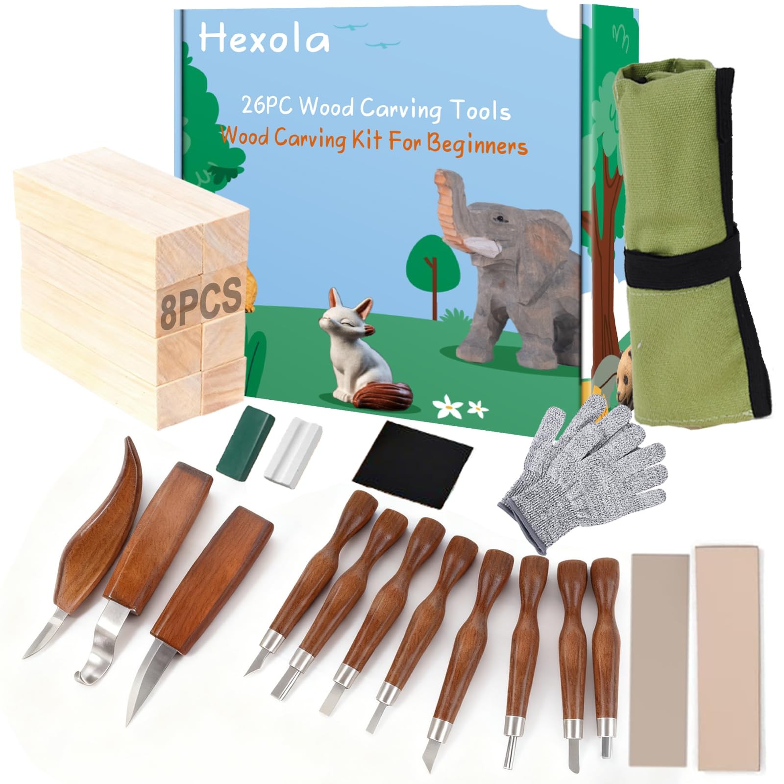 26 PCS Wood Carving Whittling Kit Tools Knife Set 8 Blocks Beginners Adults