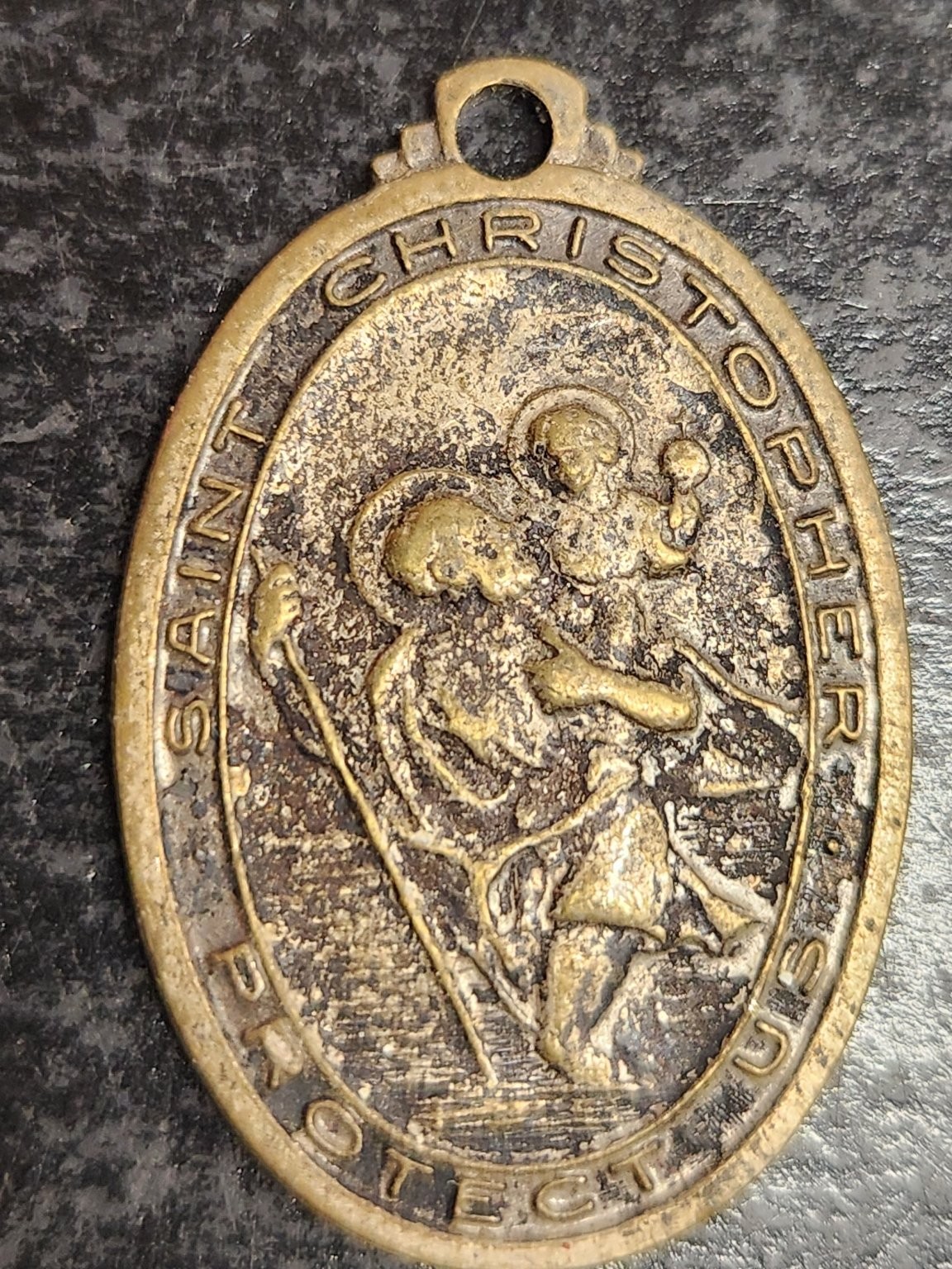 Vintage Saint Christopher Protect Us Medallion Charm Pendant Brass Tone