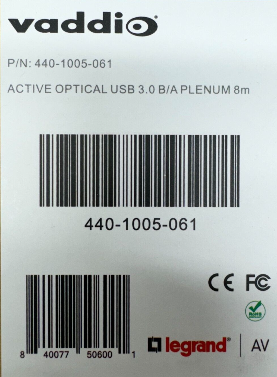 Vaddio 440-1005-061 Active Optical USB 3.0 B/A Plenum 8m