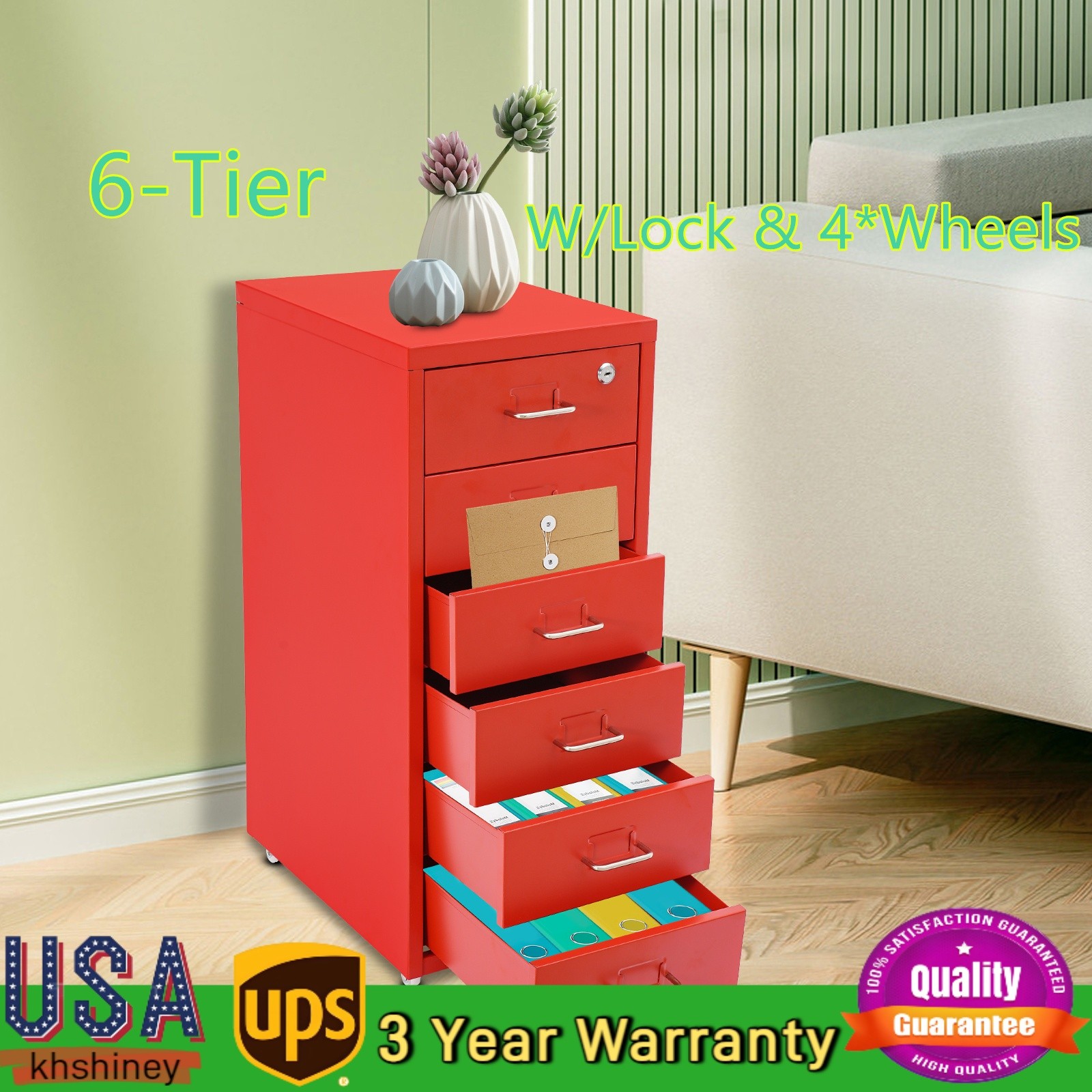 6-Tier Metal File Cabinet W/Lock & 4*Wheels Filing Cabinet Vertical File Cabinet