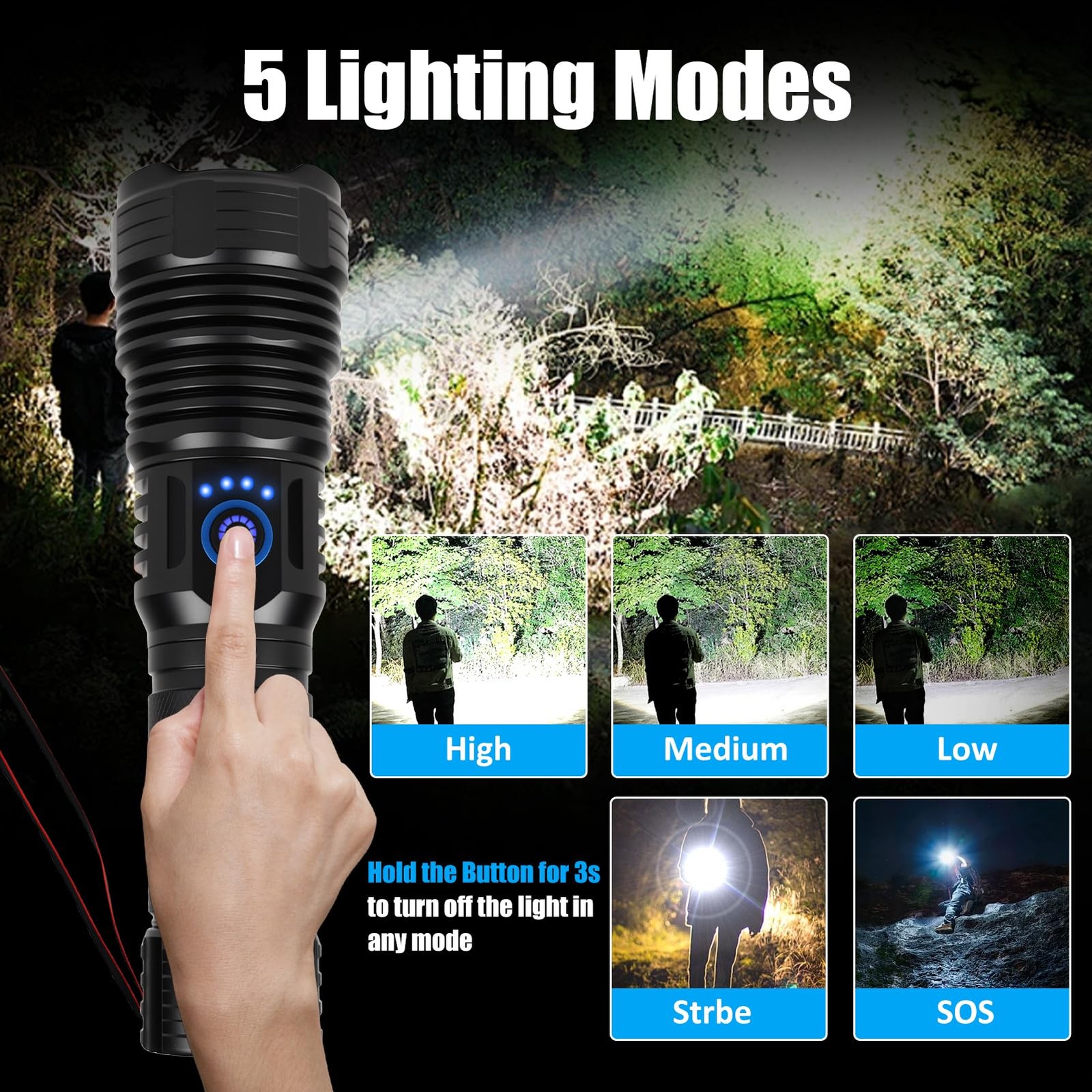 10000 Lumens Rechargeable Flashlight, IP67 Waterproof 12H Runtime