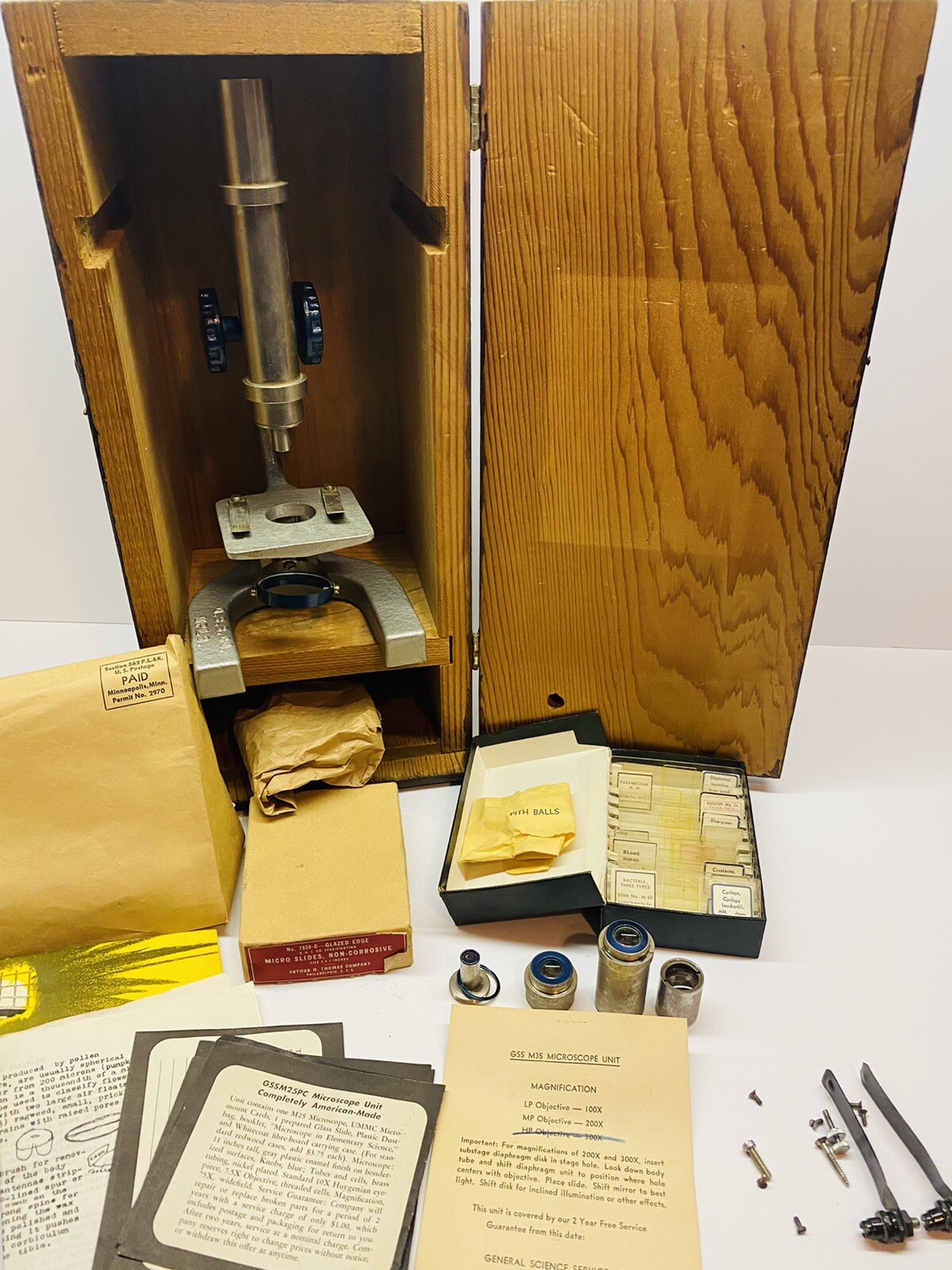 Vintage GSS M35 Microscope Unit With Wood Box & Extras