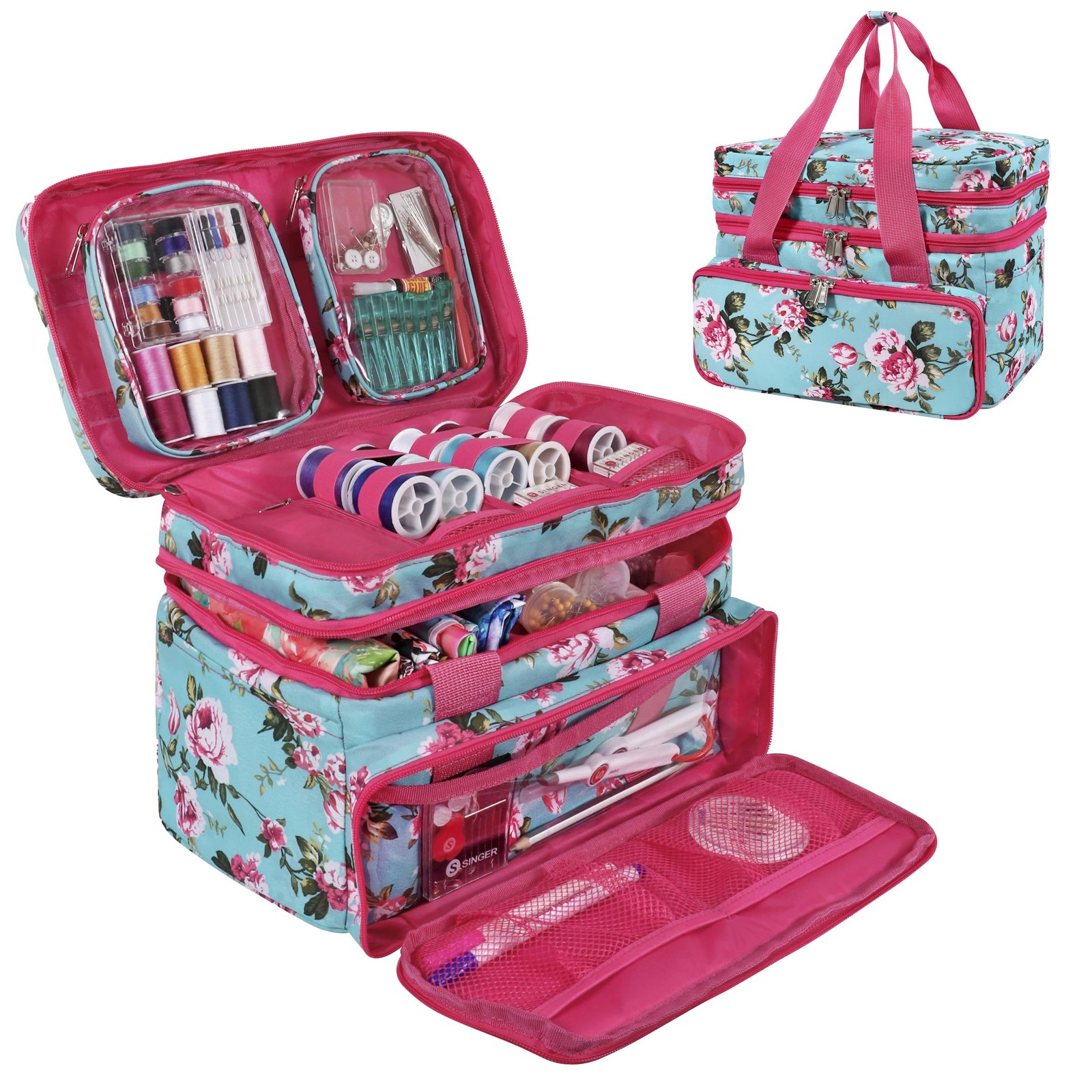SINGER Sewing Accessories Organizer 12.25" W x 9" H x 8" D, Turquoise Floral