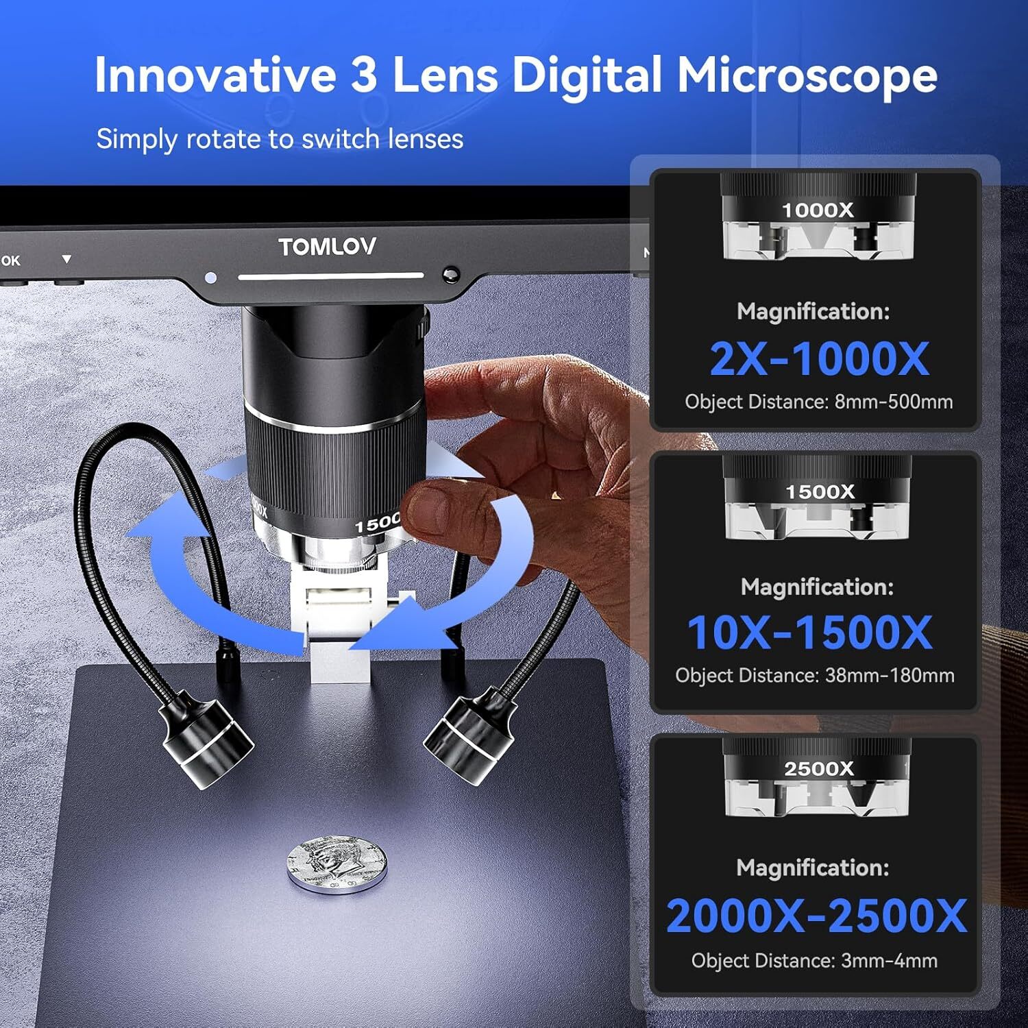TOMLOV TriL110 3 Lens 2K HDMI Digital Microscope 2500X Magnifier Coin Microscope